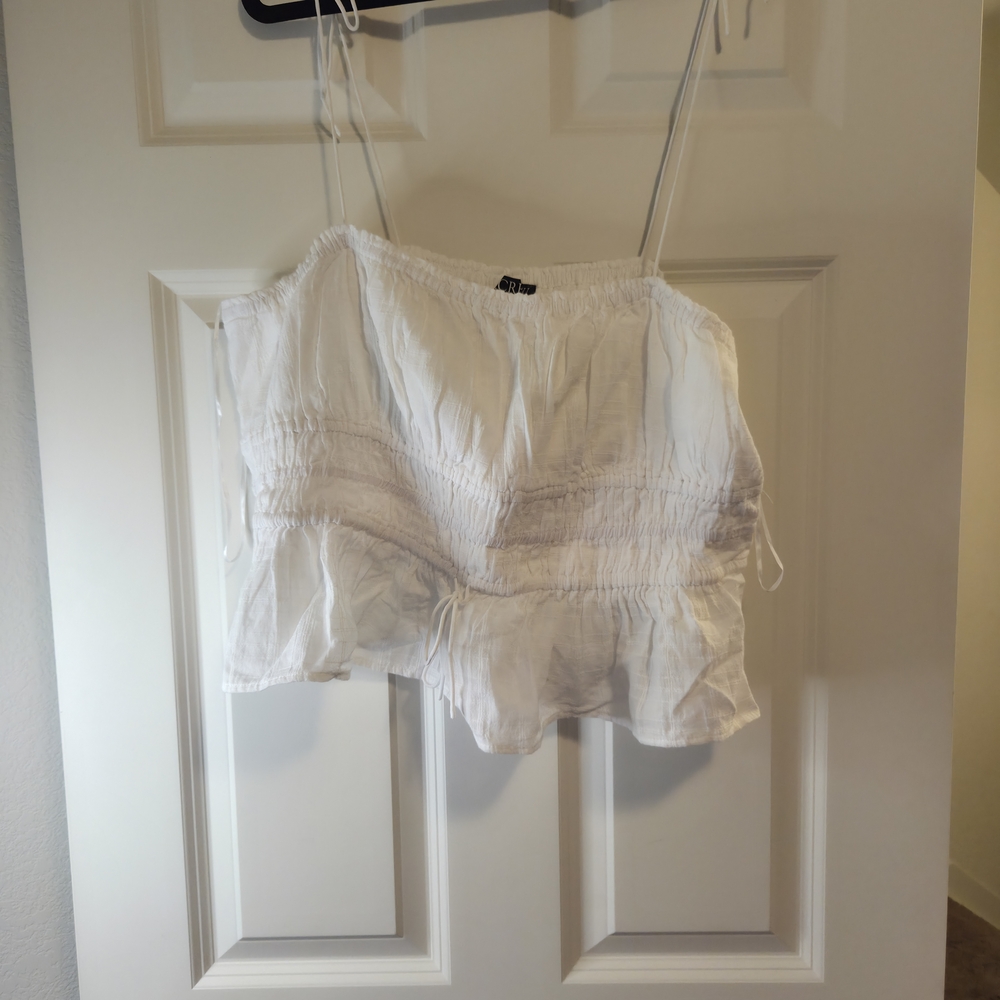J. Crew White Smocked Ruffled Camisole